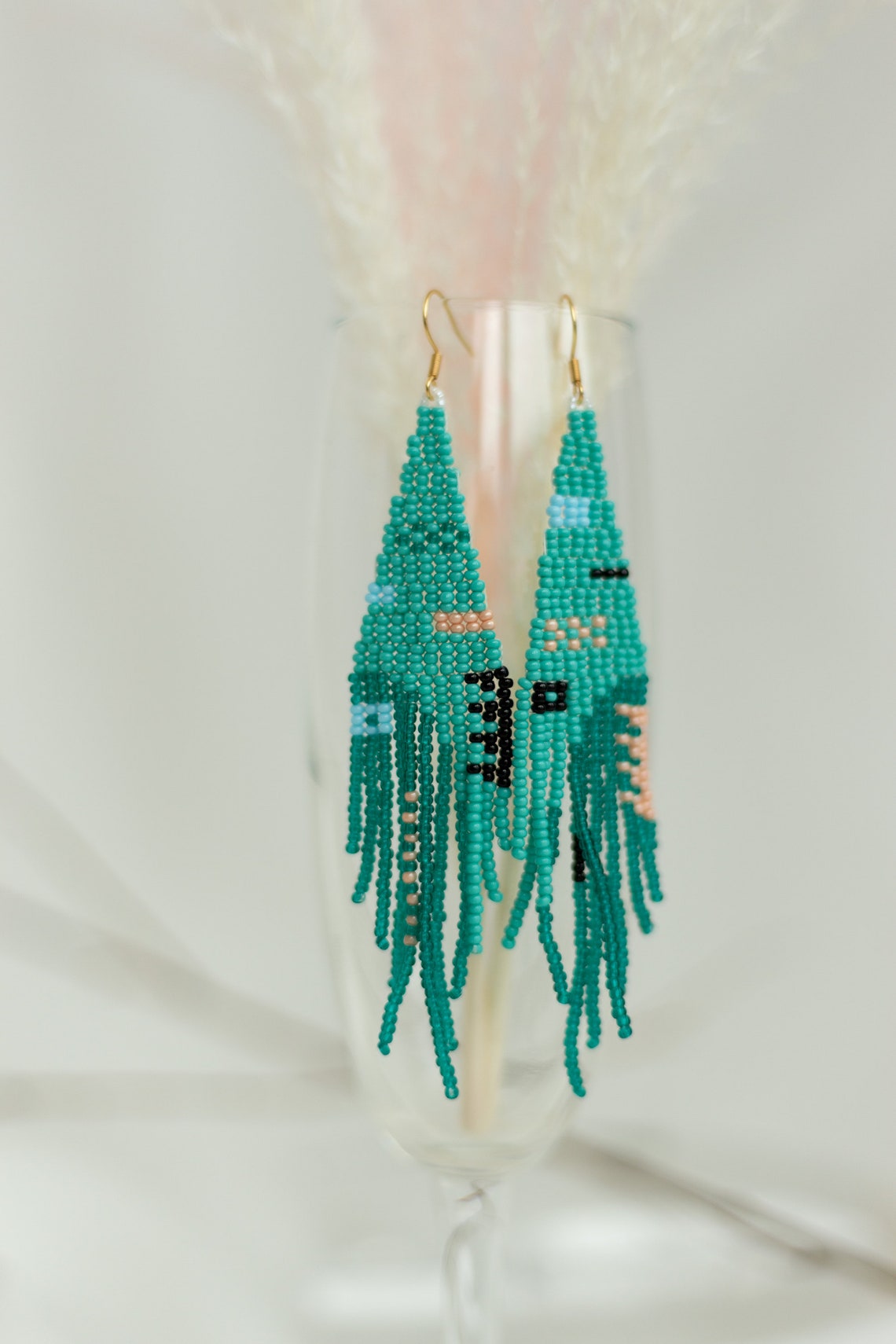 Long Bead Fringe Earrings Mint Teal Turquiose Bohemian Funky Etsy