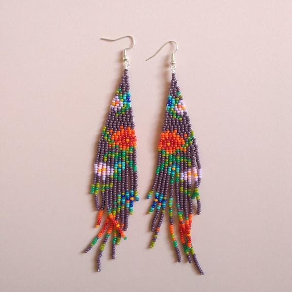 Floral beaded earrings Fringe earrings Flower earrings Woven bead earrings Long fringe earrings Tassel Bohemian earings gift for her