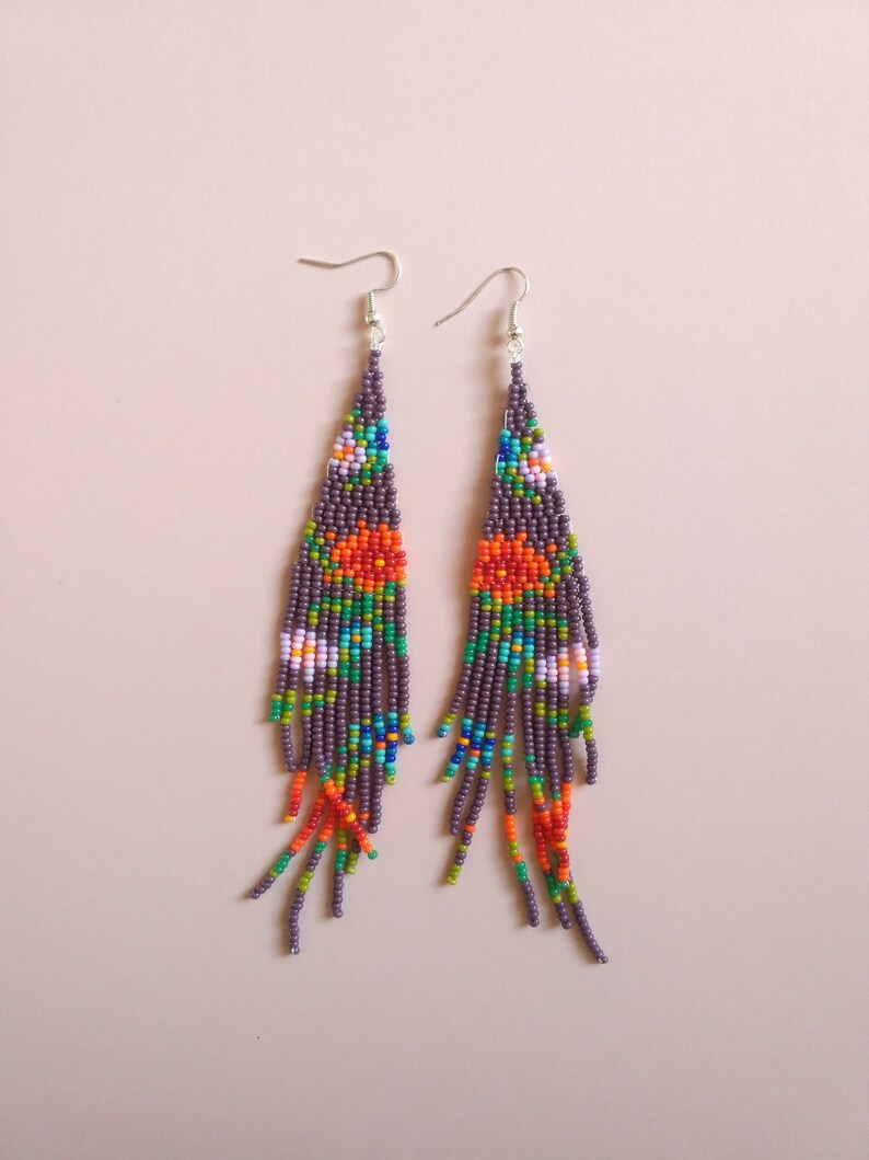 Floral beaded earrings Fringe earrings Flower earrings Woven Etsy
