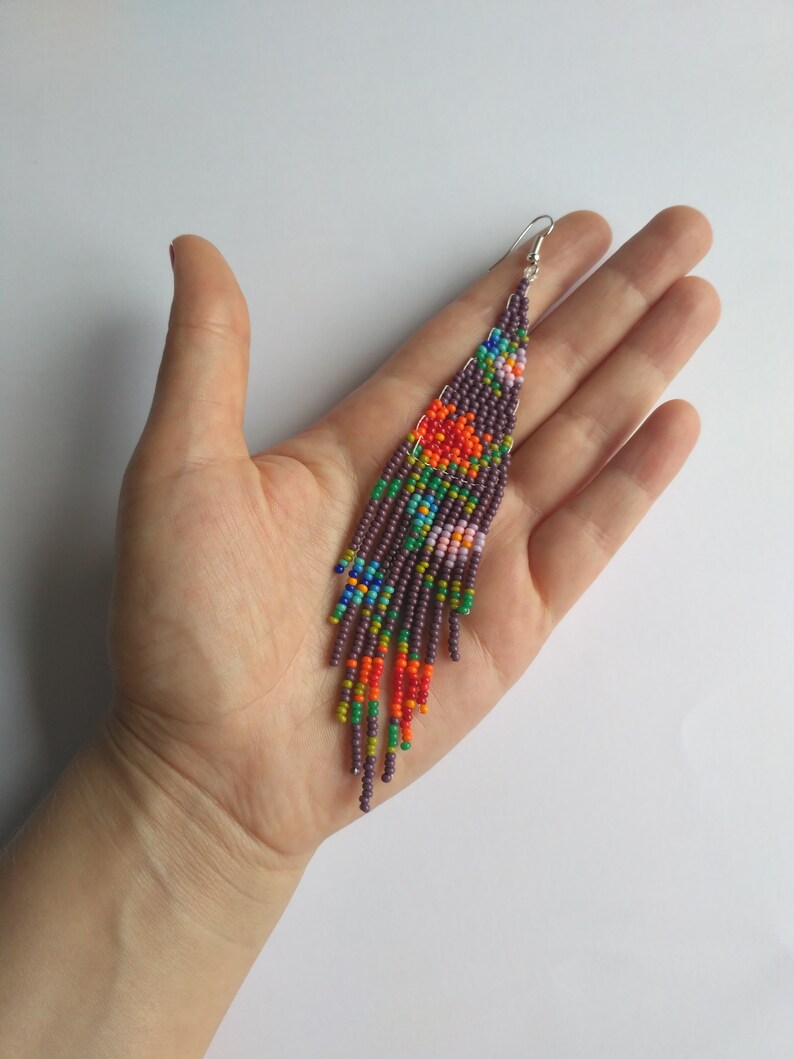 Floral beaded earrings Fringe earrings Flower earrings Woven Etsy