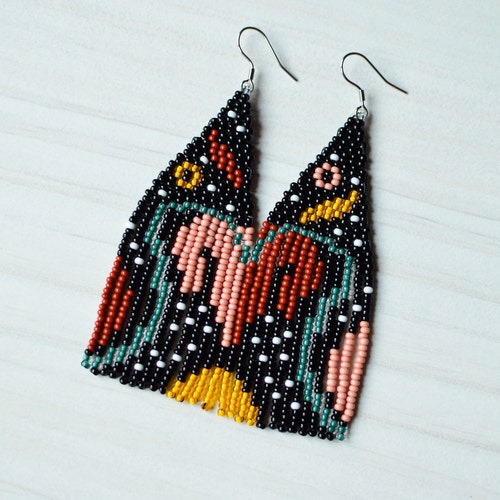 Black Beaded Fringe Earrings Vibrant Art Earringslong Etsy