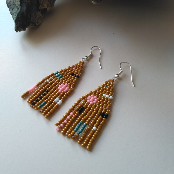 FREE SHIPPING/Long Beaded Earrings/mismatched/wearable art/normcore/Fringe earrings/Bead tassel /triangle/casual/tribal/gold mustard brown