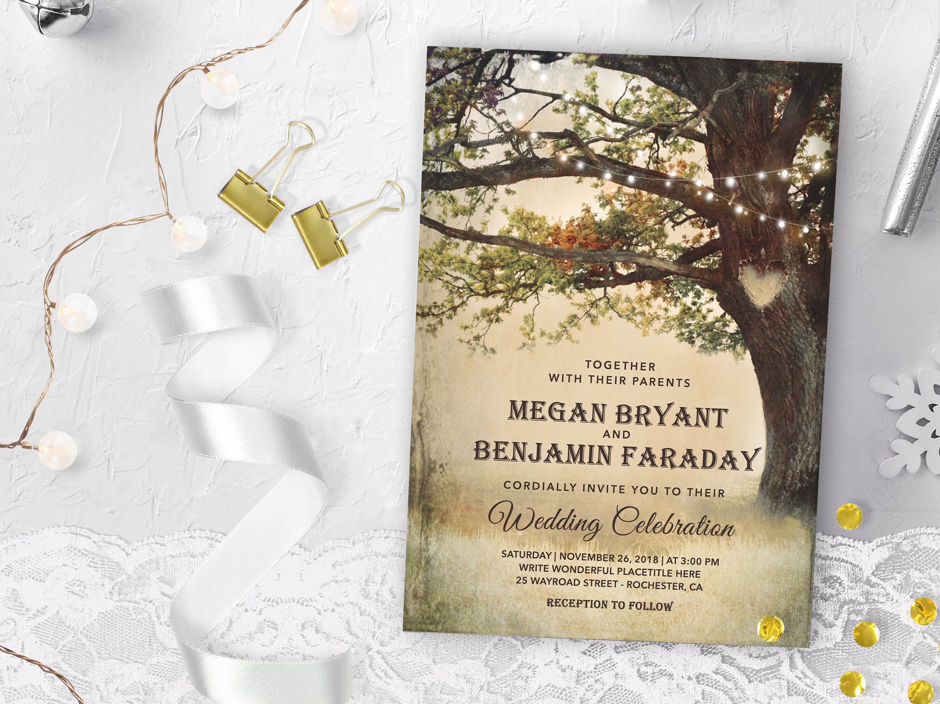 Vintage Rustic Fall Tree String Of Lights Wedding Invitation Etsy