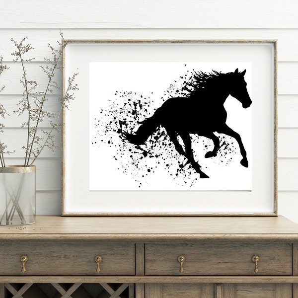 Horse Racing Art Print. Black and White Paint Splatter. Ink Blog. Kentucky Derby. Horse Race. Race Track. Mustang. Wild Horses.