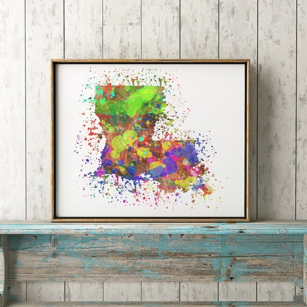 Lousiana Map Print. Watercolor Splatter. LA Pride. Native from Louisiana. Ragin Cajun. LSU Tigers Football Fan. New Orleans Pride.