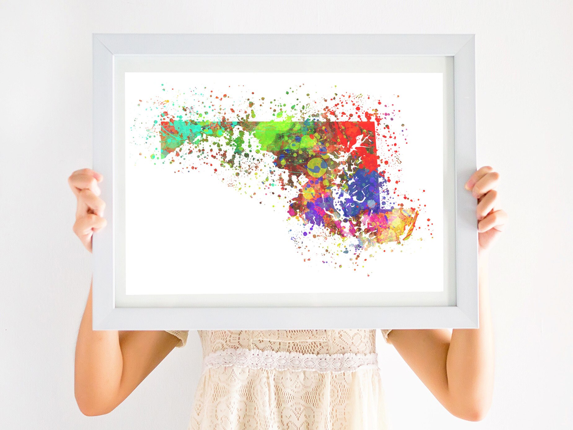Maryland Map Print. Watercolor Paint Splatter. MD Native Pride