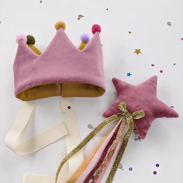 Reserved for Shaileep- Pompom Plain Velvet Crown and Wand, Crown and Wand Combination, Magic Wand, Fairy Wand Birthday Crown