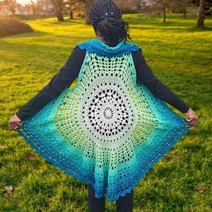 Modèle au crochet de gilet mandala azur PDF | Modèle de gilet circulaire au crochet | Cardigan bohème au crochet | Plumeau au crochet sans manches | Gilet de festival
