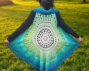 Azurblaue Mandala-Weste Häkelanleitung PDF | Kreisförmiges Häkelwesten-Muster | Boho Häkeljacke | Ärmelloser Crochet Duster | Festival Weste