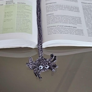 May include: A gray crocheted spider bookmark with white googly eyes. The bookmark is hanging from a book with text about renal function.