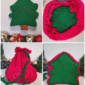 May include: A collection of handmade crochet Christmas decorations. The image shows a green Christmas tree pillow, a red and green wreath, a red drawstring bag, and a green Christmas tree-shaped coaster, all crocheted.