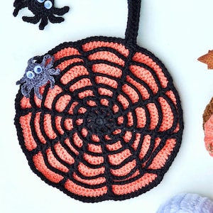 May include: A crocheted orange and black spiderweb with two black spiders with googly eyes.