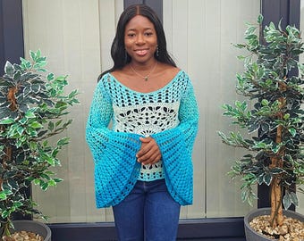 Patron de haut à manches cloche au crochet, haut en dentelle mandala, tailles XS à 5XL