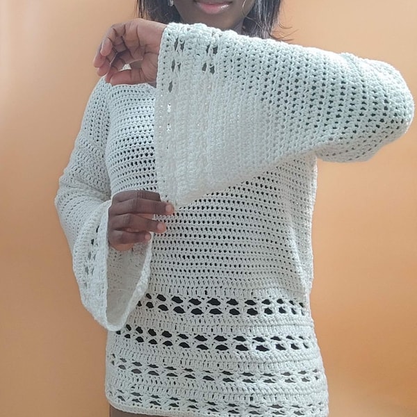 Crochet Bell Sleeves Sweater Pattern in 9 Sizes