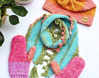 Moss Crochet Zubehör Set Muster Mütze Handschuhe und winziger Schal texturiertes Häkeldesign