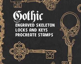 May include: A collection of ornate, gold-colored skeleton keys and lock designs on a dark gray background. The word "Gothic" is displayed above the text "Engraved Skeleton Locks and Keys Procreate Stamps".