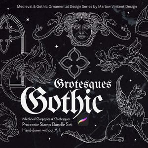 May include: A black and white illustration featuring various gothic and grotesque designs. The image includes Medusa, gargoyles, and ornamental elements. Text reads "Grotesques Gothic" and "Medieval Gargoyles & Grotesques Procreate Stamp Bundle Set".