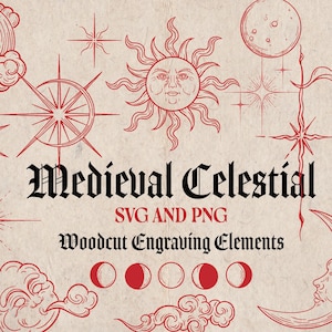 Medieval Celestial 30 Arquivos de Imagem PNG e SVG | 30 Luas, Estrelas, Sóis e Nuvens Fantásticas | Xilogravura