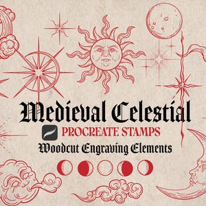 May include: Red line art illustrations of celestial elements, including the sun, moon, stars, and clouds. The text "Medieval Celestial Procreate Stamps Woodcut Engraving Elements" is displayed in black and red.