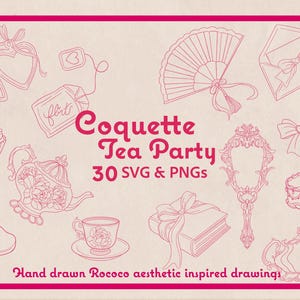 30 PNG e SVG Coquette Tea Party, Ilustrações fofas inspiradas no estilo rococó, Clip Art, Elementos de design gráfico,