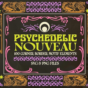 100 PNG en SVG psychedelische art nouveau Frames, hoeken, randen, illustratie sier grafisch digitale download, art nouveau, midden van de eeuw