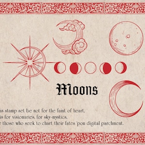 K&ouml;nnte beinhalten: Ein Stempelset im Vintage-Stil mit roten Himmels- und astrologischen Designs auf cremefarbenem Hintergrund. Es zeigt Mondphasen, einen Sonnenaufgang und das Wort "Moons" in gotischer Schrift. Dekorativer Rand.