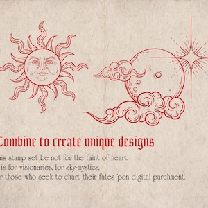 K&ouml;nnte beinhalten: Rote Strichzeichnung einer Sonne mit Gesicht, eines Halbmonds mit Wolken und eines Sternenstrahls auf Pergamenthintergrund. Text lautet: "Combine to create unique designs." und "This stamp set be not for the faint of heart."