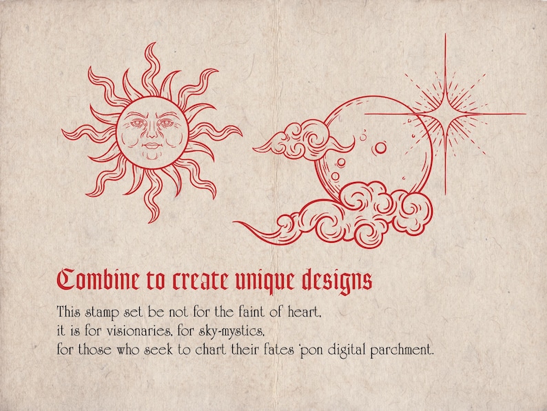 K&ouml;nnte beinhalten: Rote Strichzeichnung einer Sonne mit Gesicht, eines Halbmonds mit Wolken und eines Sternenstrahls auf Pergamenthintergrund. Text lautet: "Combine to create unique designs." und "This stamp set be not for the faint of heart."