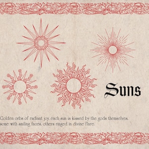 K&ouml;nnte beinhalten: Illustration mit vier roten Sonnendesigns in verschiedenen Stilen, darunter eines mit radialen Linien und ein anderes mit einem wellenf&ouml;rmigen Umriss. Das Wort "Suns" ist in gotischer Schrift geschrieben. Dekorative rote Bord&uuml;ren umrahmen das Bild.