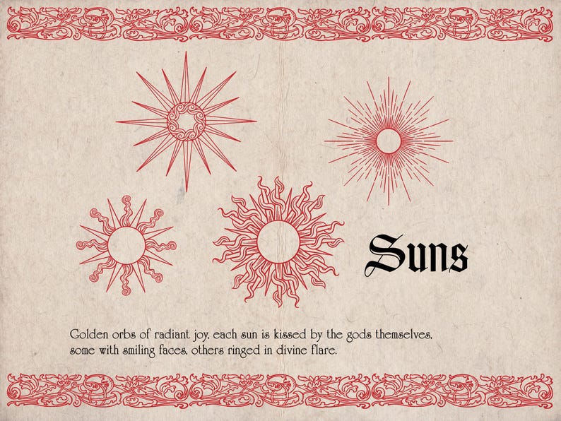 K&ouml;nnte beinhalten: Illustration mit vier roten Sonnendesigns in verschiedenen Stilen, darunter eines mit radialen Linien und ein anderes mit einem wellenf&ouml;rmigen Umriss. Das Wort "Suns" ist in gotischer Schrift geschrieben. Dekorative rote Bord&uuml;ren umrahmen das Bild.