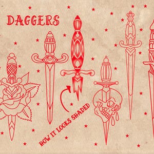 American Old School Traditional Tattoo Flash Procreate Stamps, includes moths, butterflies, daggers, roses, anchors, and many other classic traditional tattoo designs. For tattoo artists, illustrators, and graphic designers - or anyone who loves tattoo art. Hand drawn. Preview of the dagger tattoo illustrations, including variations with an eye, skull, and rose.