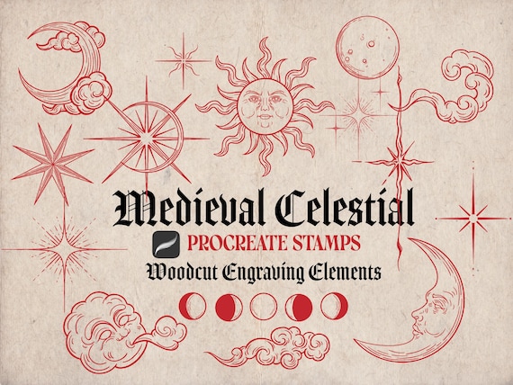 Medieval Celestial Procreate Stamps: Woodcut Sun, Moon, Stars (Digital Download)