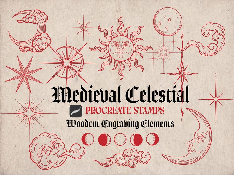 K&ouml;nnte beinhalten: Rote Strichzeichnungen von Himmelselementen, darunter Monde, Sonnen, Sterne und Wolken. Der Text "Medieval Celestial Procreate Stamps Woodcut Engraving Elements" ist in einem Vintage-Stil dargestellt.