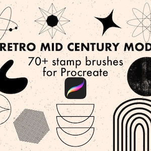 Zestaw pędzli Procreate 70 Mid Century Modern Retro Inspired Stamp and Pattern, kształty geometryczne, kształty teksturowane, pobieranie cyfrowe