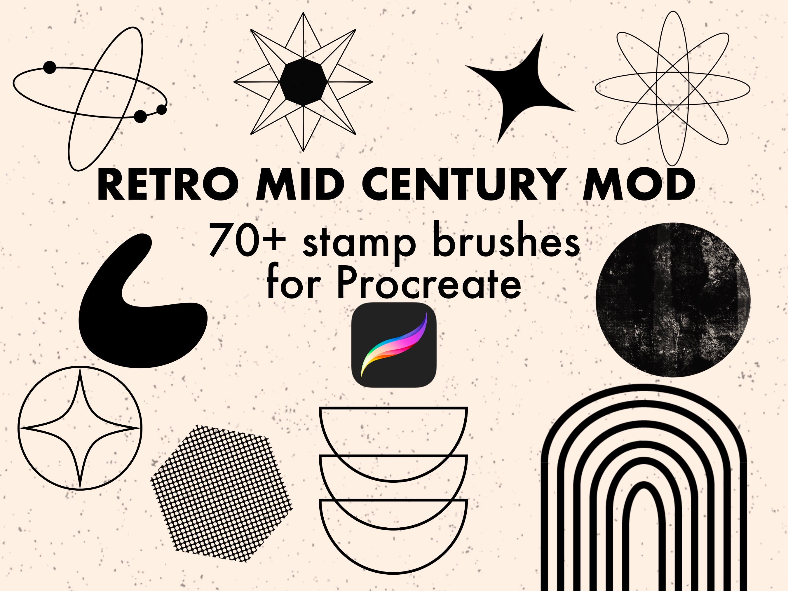 Mid-Century-Modern Procreate Stempel- & Musterpinsel-Set — Retro Geometrische Abstracts, Texturierte 60er-Formen