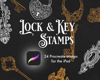 Procreate 24 Vintage Lock and Key Ornamental Stamp Brush Set, Digital Download