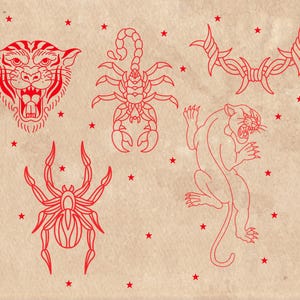 American Old School Traditional Tattoo Flash Procreate Stamps, includes moths, butterflies, daggers, roses, anchors, and many other classic traditional tattoo designs. For tattoo artists, illustrators, and graphic designers - or anyone who loves tattoo art. Hand drawn.