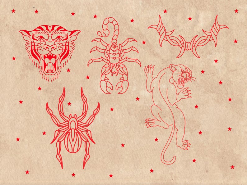 American Old School Traditional Tattoo Flash Procreate Stamps, includes moths, butterflies, daggers, roses, anchors, and many other classic traditional tattoo designs. For tattoo artists, illustrators, and graphic designers - or anyone who loves tattoo art. Hand drawn.