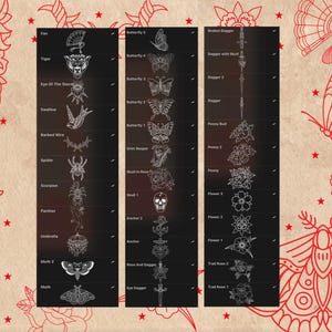 American Old School Traditional Tattoo Flash Procreate Stamps, includes moths, butterflies, daggers, roses, anchors, and many other classic traditional tattoo designs. For tattoo artists, illustrators, and graphic designers - or anyone who loves tattoo art. Hand drawn. Procreate stamp preview.