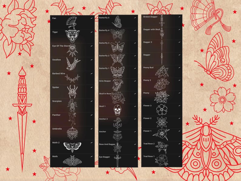 American Old School Traditional Tattoo Flash Procreate Stamps, includes moths, butterflies, daggers, roses, anchors, and many other classic traditional tattoo designs. For tattoo artists, illustrators, and graphic designers - or anyone who loves tattoo art. Hand drawn. Procreate stamp preview.