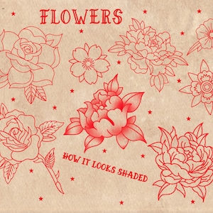 American Old School Traditional Tattoo Flash Procreate Stamps, includes moths, butterflies, daggers, roses, anchors, and many other classic traditional tattoo designs. For tattoo artists, illustrators, and graphic designers - or anyone who loves tattoo art. Hand drawn. Preview of the flower tattoo drawings, including peonies, roses, and simple flowers.