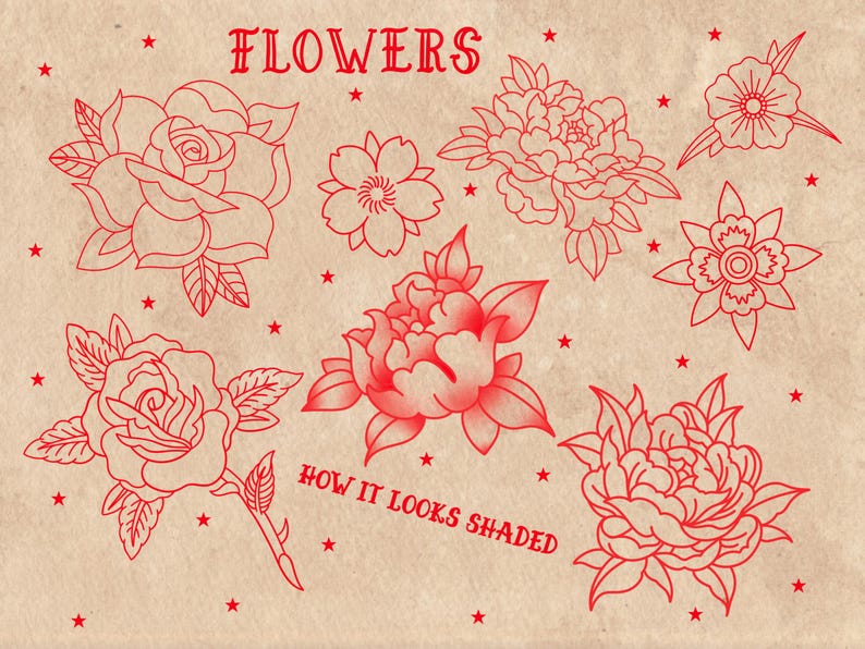 American Old School Traditional Tattoo Flash Procreate Stamps, includes moths, butterflies, daggers, roses, anchors, and many other classic traditional tattoo designs. For tattoo artists, illustrators, and graphic designers - or anyone who loves tattoo art. Hand drawn. Preview of the flower tattoo drawings, including peonies, roses, and simple flowers.