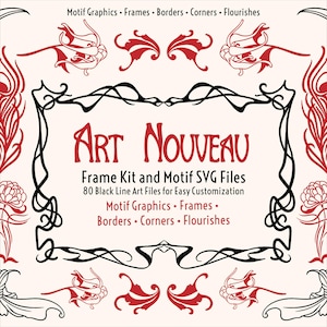 Puede incluir: Gráfico de un kit de marcos y archivos SVG de motivos Art Nouveau. El diseño presenta arte lineal negro con acentos rojos, incluidos motivos florales y de plumas. El texto incluye "Art Nouveau" y "Frame Kit and Motif SVG Files".
