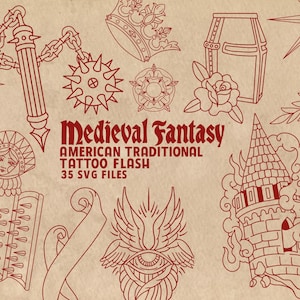 May include: Red line art illustrations of medieval fantasy elements, including a crown, rose, mace, and a tower. The text "Medieval Fantasy American Traditional Tattoo Flash" is displayed. 35 SVG files are available.