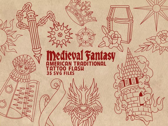 Medieval Fantasy, American Traditional Tattoo Flash SVG Vector Graphics Art