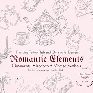May include: Black and white line art of various romantic and vintage elements, including a teapot, teacup, heart-shaped locket, fan, and book. The text reads "Romantic Elements" and "Hand Drawn SAY NO TO A.I. Art."