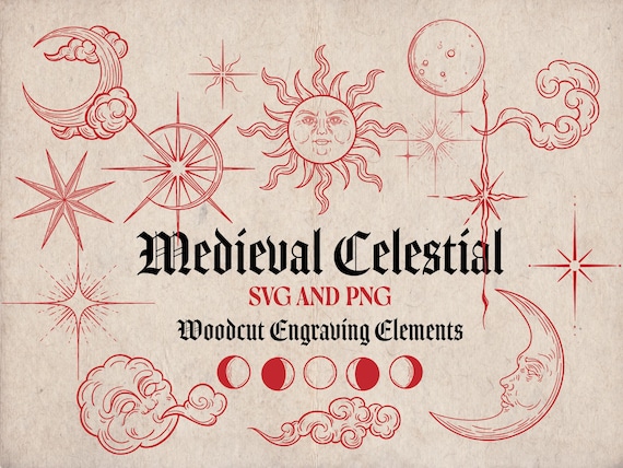 Medieval Celestial Graphics: Woodcut Moon, Sun, Stars (PNG, SVG)