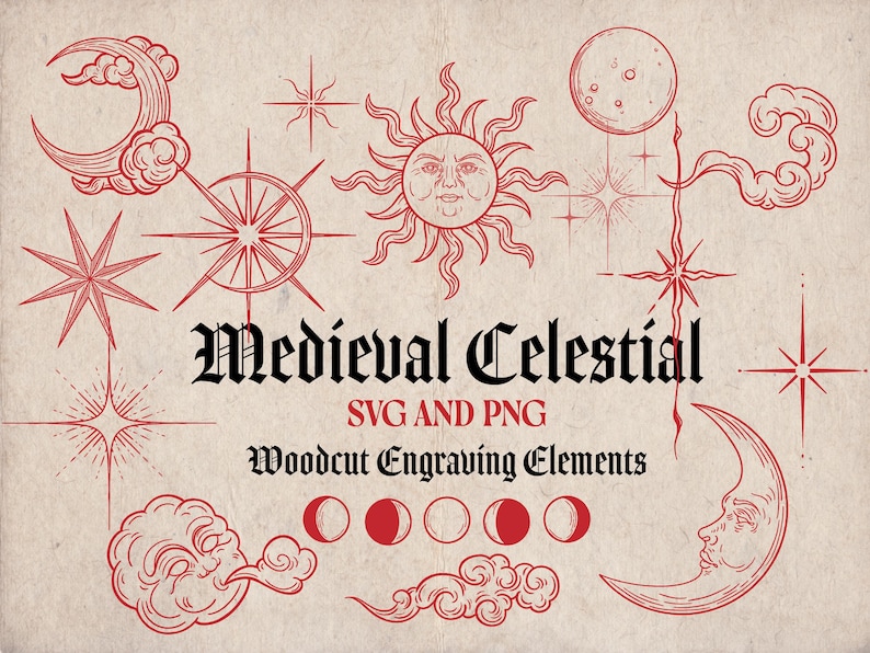May include: Red medieval celestial SVG and PNG elements, including suns, moons, stars, and clouds. The image features the text "Medieval Celestial" and "Woodcut Engraving Elements" on a beige background.
