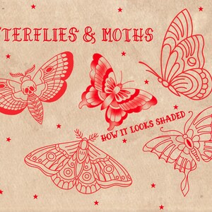 American Old School Traditional Tattoo Flash Procreate Stamps, includes moths, butterflies, daggers, roses, anchors, and many other classic traditional tattoo designs. For tattoo artists, illustrators, and graphic designers - or anyone who loves tattoo art. Hand drawn. Preview of the moth and butterfly tattoo drawings.