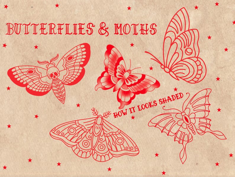 American Old School Traditional Tattoo Flash Procreate Stamps, includes moths, butterflies, daggers, roses, anchors, and many other classic traditional tattoo designs. For tattoo artists, illustrators, and graphic designers - or anyone who loves tattoo art. Hand drawn. Preview of the moth and butterfly tattoo drawings.